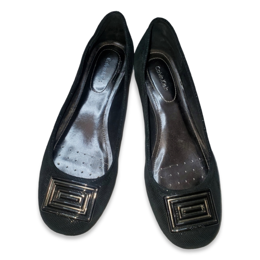Calvin Klein Black Suede Flats with Silver Emblem